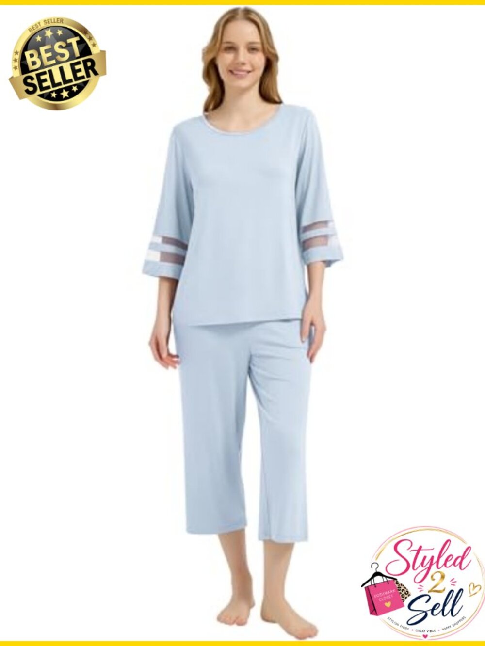 Bamboo Viscose Pajama Set 3/4 Sleeve Capri Pants Soft Sleepwear Lounge